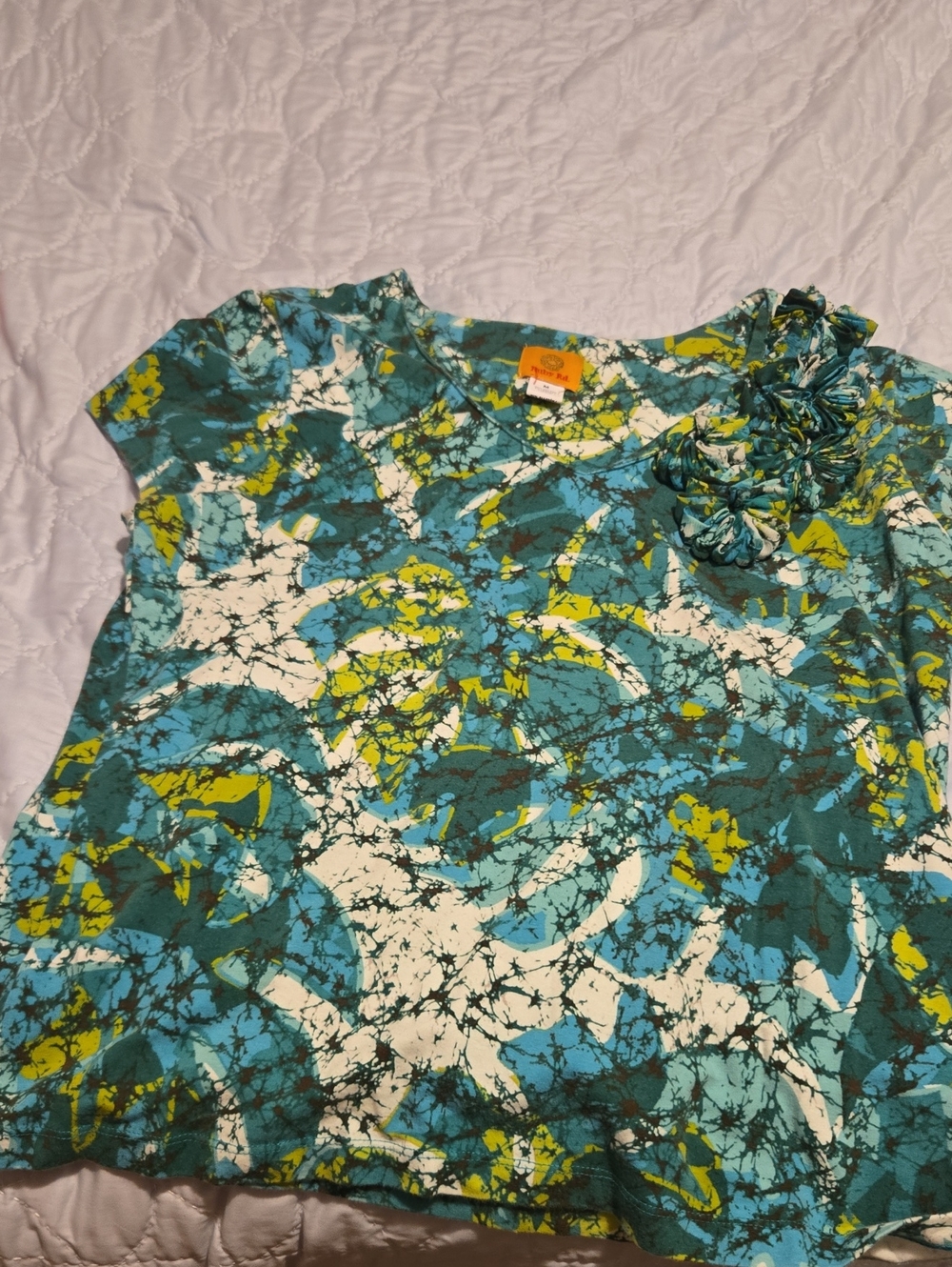 Ruby Rd. Teal, Blue & Yellow Floral-Print Girls' Top with Rosette